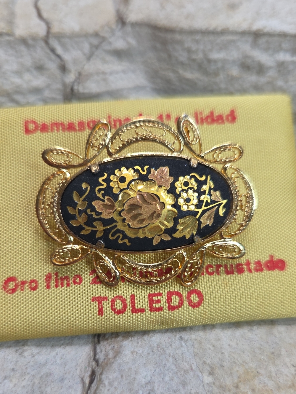 Vintage Toledo Damascene Brooch 24k gold plate and black Enamel Spain Dragon